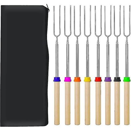 8 stk. grillspyd til skumfiduser, grillspyd i rustfrit stål, U-formet pølsegaffel med træhåndtag, tilfældig farve