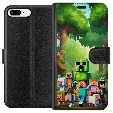 Kompatibel Tegnebogsetui til Apple iPhone 7 Plus Klodset pixeleret spilverden med grønne figurer og dyr i frodig skovmiljø