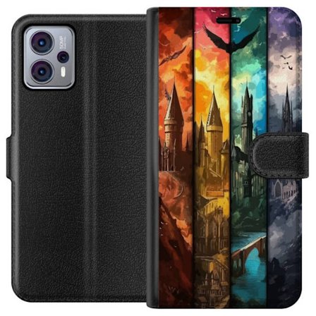Kompatibelt Plånboksfodral till Motorola Motorola Moto G23 Fyra magiska slott i olika elementfärger, episk fantasykonst med eld vatten luft och mör