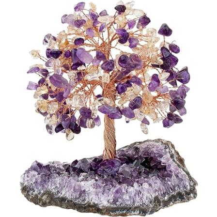 Reiki krystalltre på naturlig ametyst råmyntbase, steinpengetre, Feng Shui-ornament, hjemmedekorasjon for lykke, rikdom