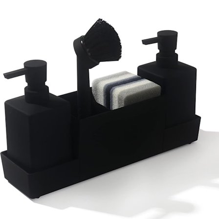 Køkken sæbedispenser med svampeholder sæt til vask caddy, håndsæbe og opvaskesæbe dispenser med børste, mat sort (sort)
