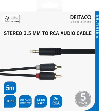 Deltaco Audio cable, 3.5mm male - 2xRCA male 5m, black