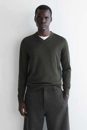 COS Men's Slim Merino Wool V Neck Jumper in Green