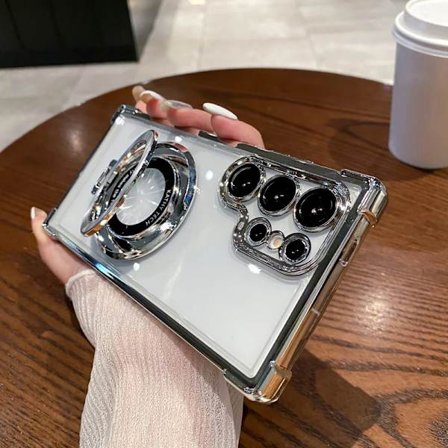 Four Corners Anti Drop Transparent Elektropläterat Magnetiskt Ställ Skyddsfodral kompatibelt Samsung Galaxy S25 S24 S23 S22 Ultra Plus FE