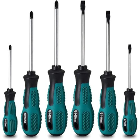 Sats med 6 magnetiska skruvmejslar i krom-vanadin med 3 platta och 3 Phillips-huvuden - med fodral