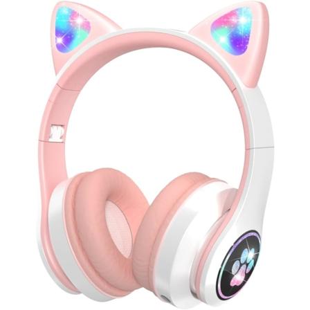 Bluetooth børnehovedtelefoner med HD-mikrofon/LED-lys (lyserød), 85 dB lydstyrkebegrænsede børneøretelefoner, stereolyd børnehovedtelefoner til 