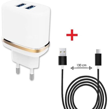 Autoladdarpaket + Micro USB-kabel för Samsung Galaxy A12 Ultrakraftig och snabb laddare 2X (5V - 2.1A) + 1M kabel - SVART