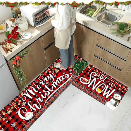 Juletema gulvmatte til kjøkken og bad med reinsdyr og juletre - Tykk, krystallfløyel, sklisikker og enkel å rengjøre (FMY)