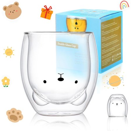 Bjørnekopp Søte Krus for Kvinner Glass Dobbelveggede Isolerte Glass Espressokopp, Kaffekopp, Tekopp, Melkekopp, Beste Gave