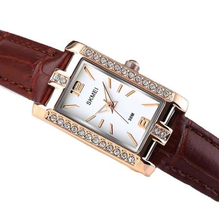 Personalisert All-match Rose Gold Diamant Kvinners Student Liten Kvadratisk Stålbelte Kvartsklokke Brown-belt