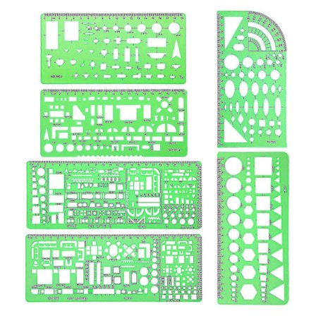 6 stk. Arkitekt Multi Purpose Tegneskabelonsæt Husplan Indretning og Møbeltegneværktøj Lineal