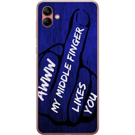 Kompatibelt Mobildeksel til Samsung Galaxy A04 Mørk typografisk illustrasjon med hjerteform og budskap om vennskap mot dyp blå tretekstur