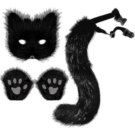 Rion Faux Fur Fox Tail Cat Wolf Cosplay Kostyme Sett Plysj Maske Fluffy Pote Hansker Halloween Jul Black