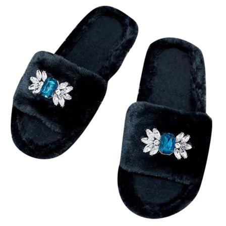 Kvinnor Med Öppen Tå Fluffy Slides Rhinestone Casual Flat Home Shoes