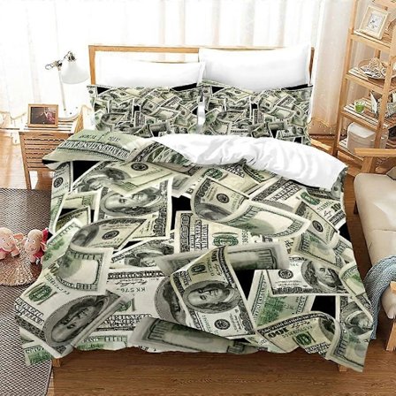 v2394 Sängkläder Pengatryck Påslakan King/Queen Size, Dollarsedlar med Porträtt av Ben Franklin, Dekorativt Polyester Sängklädesset 3-Delar