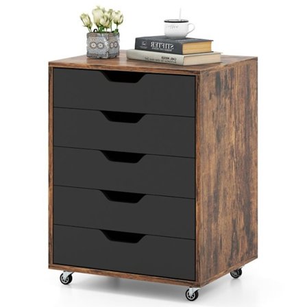 COSTWAY Mobilt træarkivskab på hjul og 5 skuffer, til Legal/Letter/A4-størrelse, til hjemmet, kontoret, arbejdsværelset 49x40x66,5 cm Brun