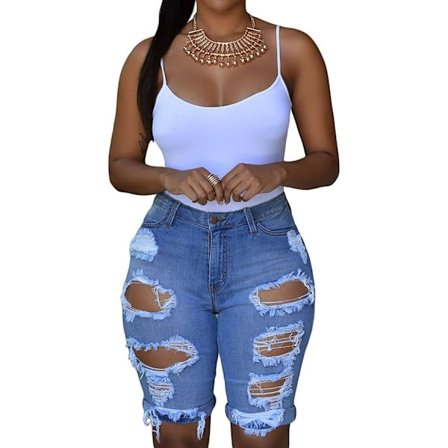 Dame Ripped Denim Mid Rise Stretch Bermuda Shorts Jeans XL