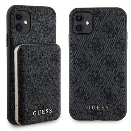 Guess 4G metall logo etui sett for iPhone 11 + 5000mAh MagSafe power bank - svart
