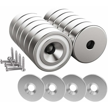 12 stk. Neodym magneter 10 KG styrke 20 x 7 mm med hul og kapsel, forsænket pottemagnet med skruer og 12 stålpuder (Shiny Silver)