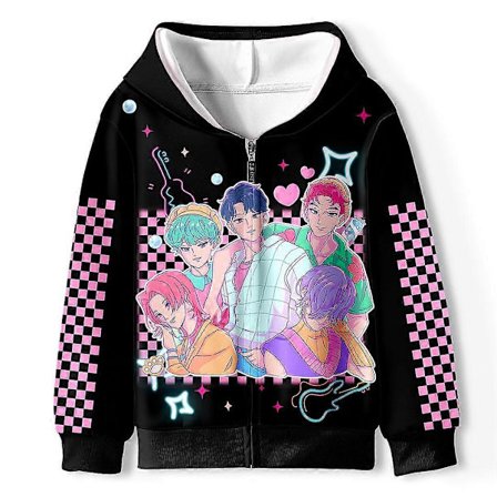 Børn Piger KPOP Demon Hunters Hættetrøje HUNTRX Lynlås Trøje Casual Hættetrøje Top Nyhed Tøj 4-12 År Sort