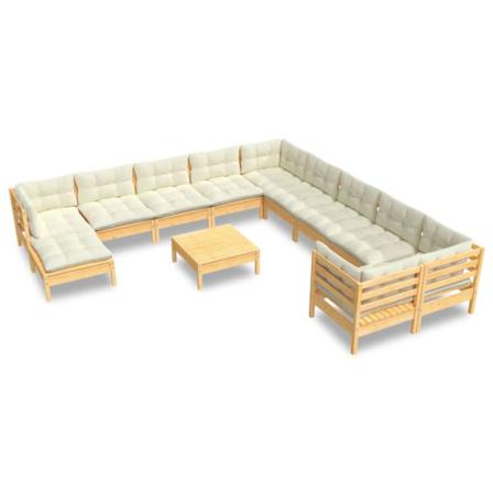 Vidaxl Loungegrupp Med Gräddvita Dynor 12 Delar Massiv Furu Creme