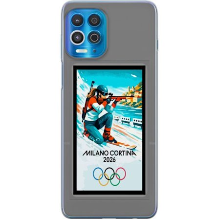Yhteensopiva Puhelinkuori Motorola Edge S Retrojuliste Cortina Milano 2026 vuorilla, talviurheilijoilla, italiankoloreilla, Milanon tuomiokirkolla ja