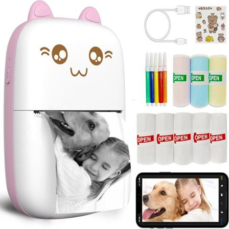 Mini Trådløs Bluetooth Termisk Skriver med 8 Ruller Papir, Kompatibel med iOS + Android, Kan Brukes for Dagbok, Memo, Foto Rosa