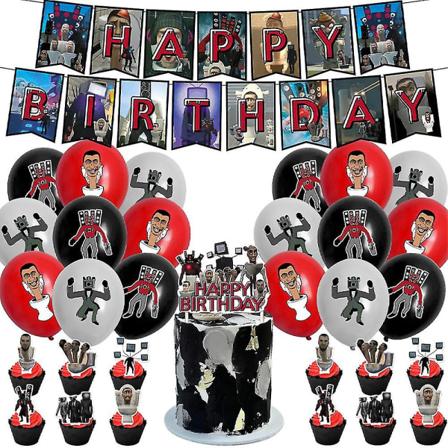 Skibidi Toilet Tema Fødselsdagsfest Tilbehør Kit Banner Balloner Kage Topper Cupcake Toppers Dekorationssæt G