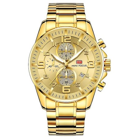 Mini Focus Herre Ur med Stor Skive, Lysende Vandtæt Stålbåndsur 0278g(Gylden)