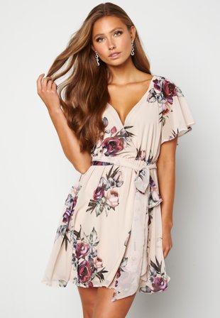 Goddiva Floral Flutter Dress Latte Klær