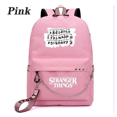 Stranger Things Usb Laddningsryggsäck Skolväska Rosa