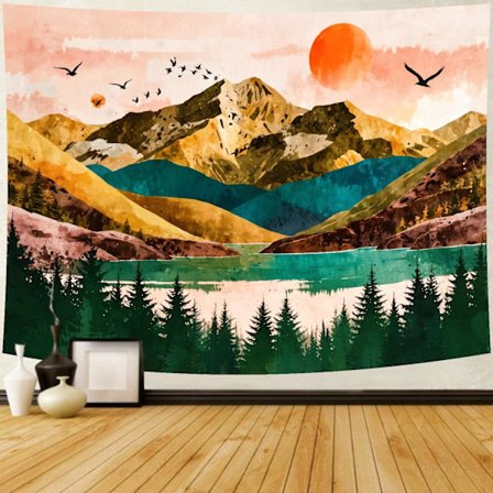 (130 cm x 150 cm) Bergstapet Boho Auringonlasku Luonto Metsä Puut Seinävaate Auringonnousu Joki Järvi Maisema Psykeedeelinen Sängynpääty 