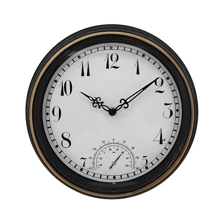 QD-Vattentät Utomhus Väggklocka med Termometer IP44 Vintage Rund Trädgårdsklocka 12 Tum Utomhusklocka