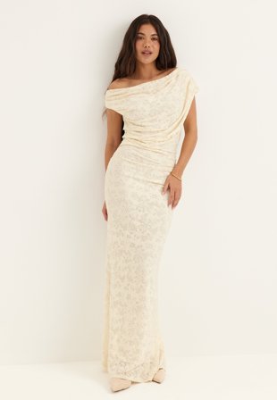 Bubbleroom Occasion - Asymmetric Draped Burnout Maxi Dress - Cream