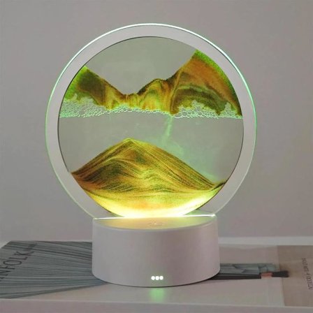 Bevægelig sandkunst flydende bevægelse, med lys (7 farver/touch-kontrol), rund glasstrømningsmaleri, skrivebordsdekoration af kviksand (gul sand)