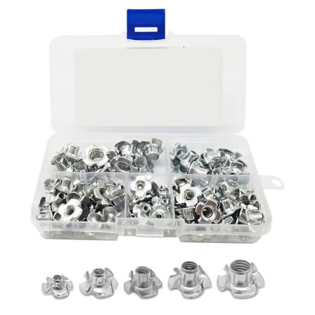 T-mutter med 4 taggar, 4-taggs T-mutter, T-mutter, Fyra taggs T-mutter, T-mutterinsatser, 4-taggs T-mutter, gängade T-mutterset, för träbearbetning, 