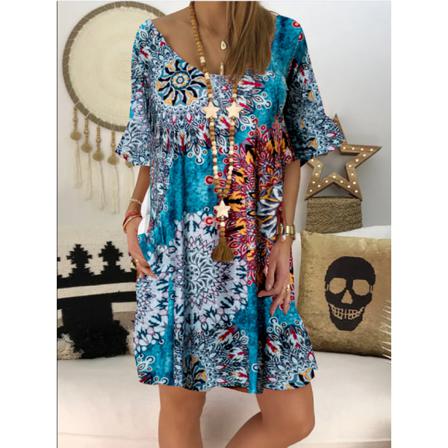 Kvinnor Sommar Print Solklänning Casual Loose Beach Boho D