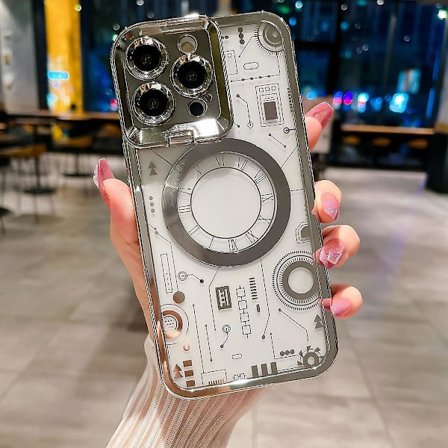 Magsafe Clear Case kompatibelt med Iphone 15 Pro Max, mjuk TPU-plätering Stötsäkert cover med linsskyddsstativ