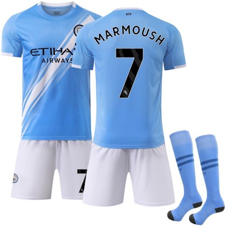 2025-2026 Manchester City Hjemme Børnefodboldtrøje med Strømper Nr.7 Marmoush