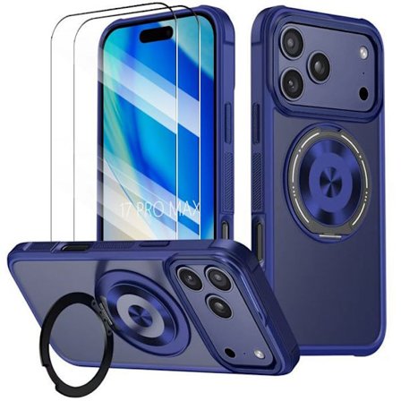 Hölster med Stöd - BOOLING - för iPhone 17 Pro Max - Hybrid med Magnetisk Ring - Blå - 2 Härdat Glas