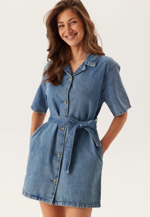 ONLY - Onlellie Ss Mini Belt Dress - Light Blue Denim - Kläder - - Bubbleroom