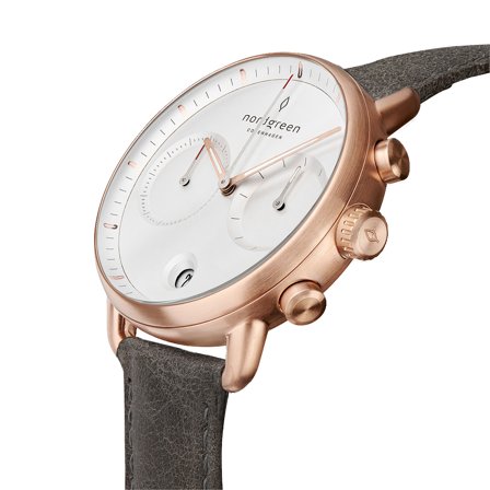 Nordgreen - Minimalistyczny Męski Duński Zegarek Chronograf - Biała Tarcza - Pasek Skórzany Gołębioszary
