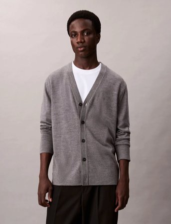Calvin Klein Ls 100% Merino Cardigan 14Gg - Grey - L