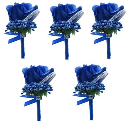 5 st Konstgjord Blomma Herr Boutonniere Handgjord Sidenros Herr Corsage för Bröllopsfest Bal Bröllopstillbehör Dekoration (Kungsblå)