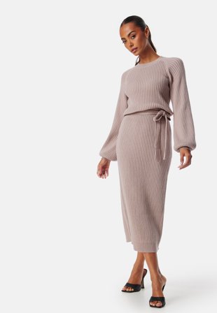 BUBBLEROOM - Round Neck Rib Knitted Midi Dress - S