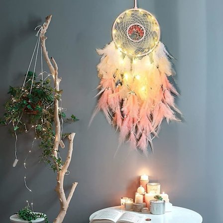 Håndlavet drømmefanger fjer drømmefanger lyserød drømmefanger boheme indretning mobil indretning teenager voksen værelse indretning med LED