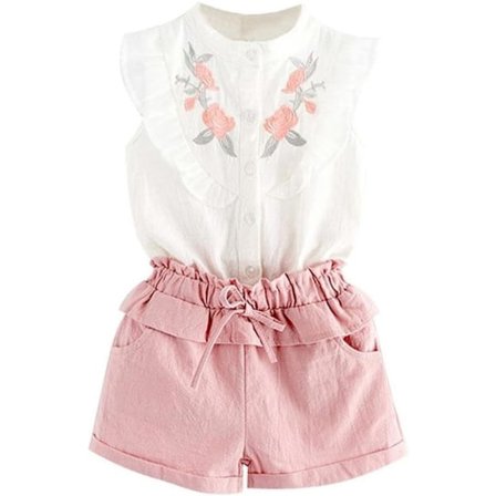 Småbarn Barn Baby Jente Sommer Antrekk Klær Broderi T-skjorte Topper Shorts Bukser Sett