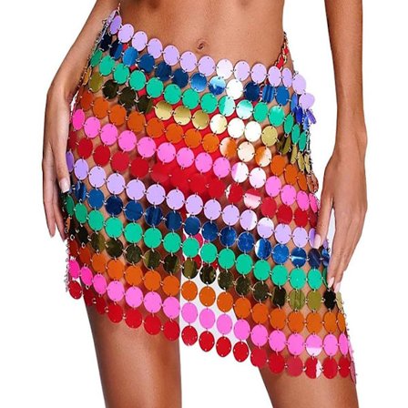 sv Sequin kjol genomskinlig crop top halter body chain axelbandslös behå tankar ihålig baddräkt wrap bikini cover up färgglad kjol