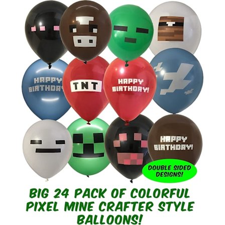 24-pakning Pixel Miner Craft-stil Gamer-festballonger – store