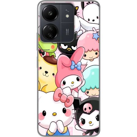 Kompatibelt Mobildeksel til Xiaomi Redmi 13C Tett mønster av søte figurer med store øyne i ulike farger og uttrykk med LABUBU-tekst